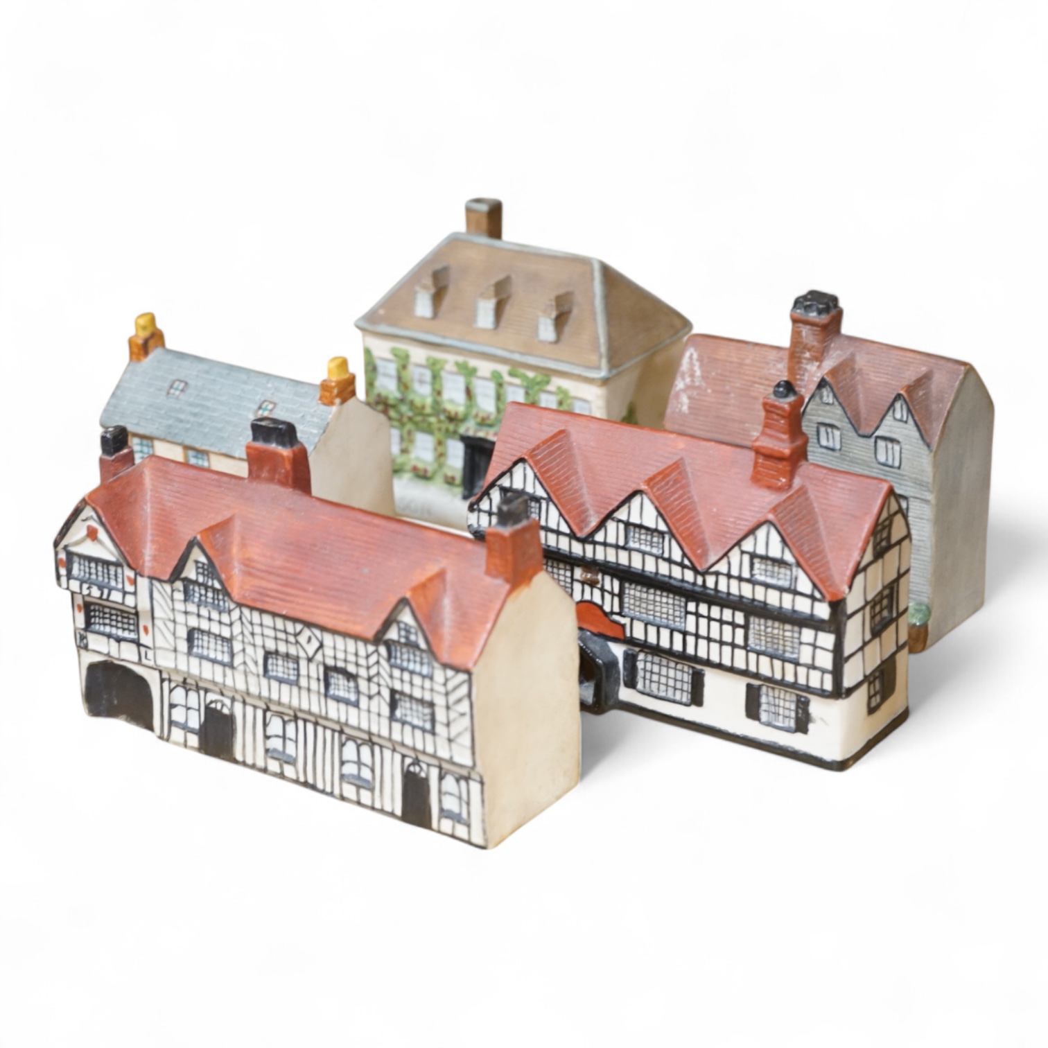Five W.H Goss and Willow art pottery buildings, widest 14.5cm.
